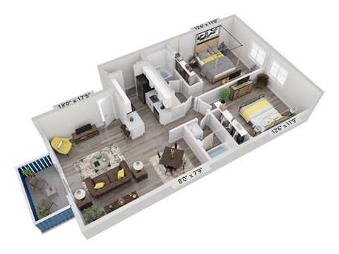 Floor plan for 2 beds, 2 baths, 815 sqft